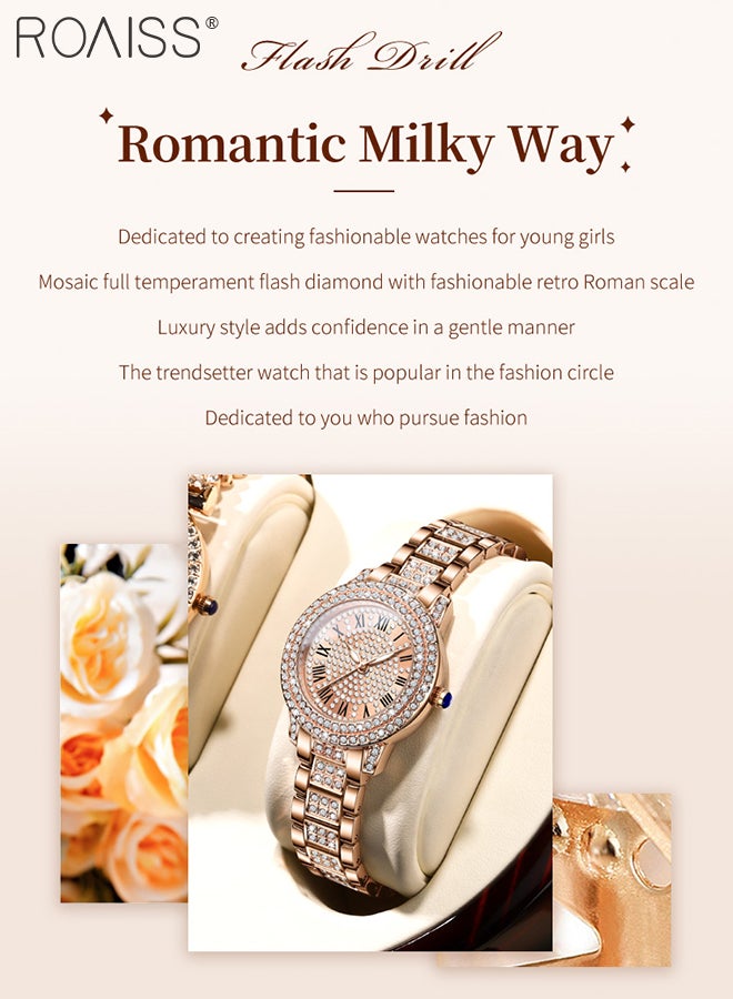 roaiss Women's Steel Strap Quartz Watch Analog Display Round Dial with Zirconium Diamonds Decoration and Roman Scale Waterproof Luxurious Wristwatch as Gift for Ladies - Image 3