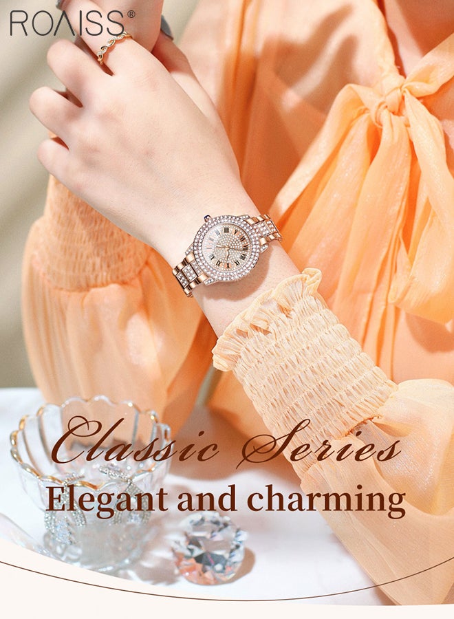 roaiss Women's Steel Strap Quartz Watch Analog Display Round Dial with Zirconium Diamonds Decoration and Roman Scale Waterproof Luxurious Wristwatch as Gift for Ladies - Image 2