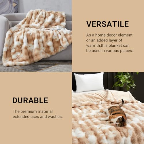SAPHREAS Faux Fur Throw Blanket for Couch, Fluffy Fuzzy Bubble Blanket for Sofa Bed Living Room, Decor Soft Cozy Gifts for Women Men, 50x60” Tie Dye Khaki - Image 5