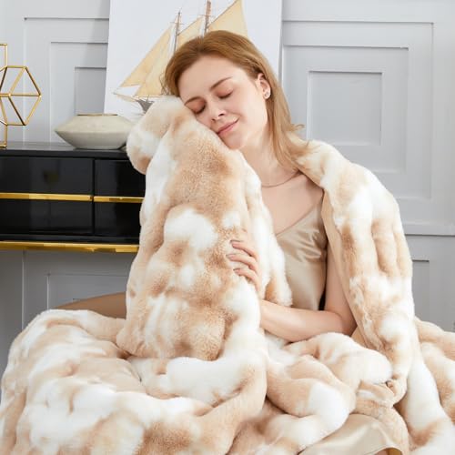 SAPHREAS Faux Fur Throw Blanket for Couch, Fluffy Fuzzy Bubble Blanket for Sofa Bed Living Room, Decor Soft Cozy Gifts for Women Men, 50x60” Tie Dye Khaki - Image 1