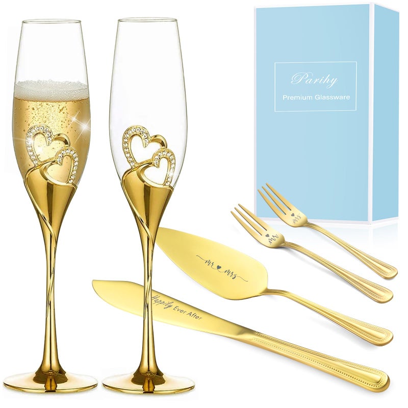 Parihy Wedding cake cutting set, Gold Wedding Champagne Fluteswith Twin Heart Base and Rhinestone Detailing, Toasting Glasses for Couple Bride and Groom, Cake Cutting Set of 6 - Image 1