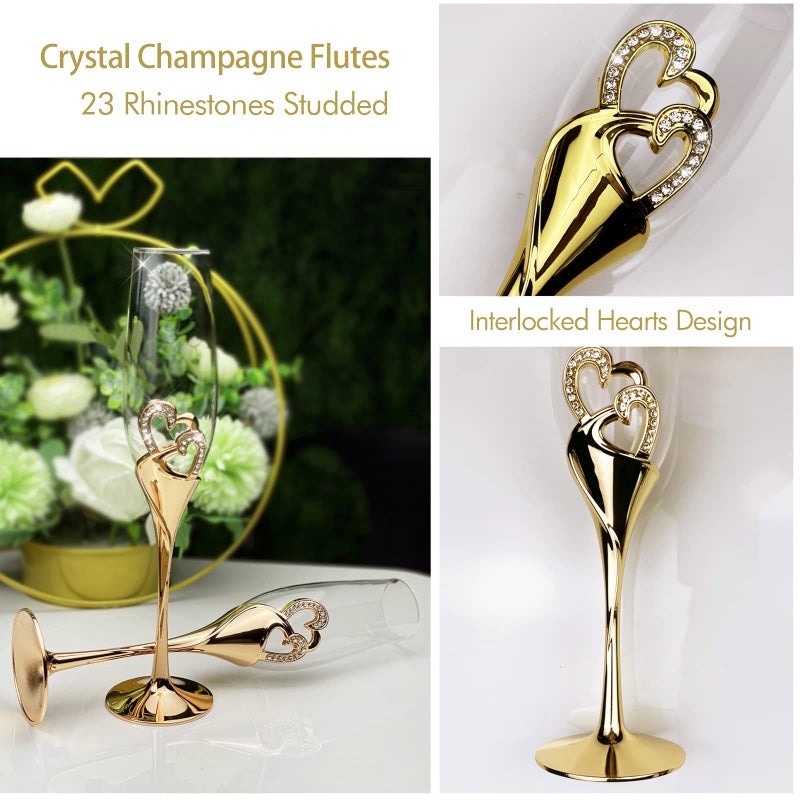 Parihy Wedding cake cutting set, Gold Wedding Champagne Fluteswith Twin Heart Base and Rhinestone Detailing, Toasting Glasses for Couple Bride and Groom, Cake Cutting Set of 6 - Image 3