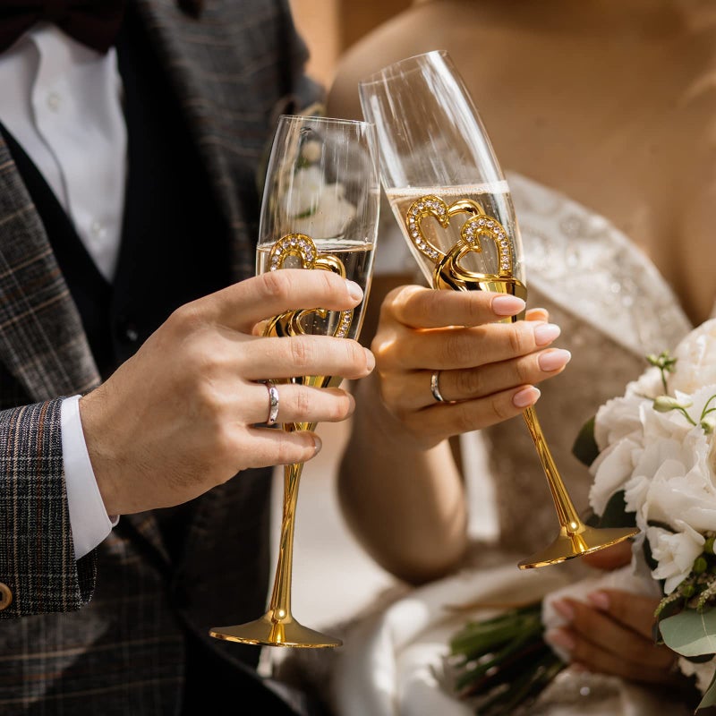 Parihy Wedding cake cutting set, Gold Wedding Champagne Fluteswith Twin Heart Base and Rhinestone Detailing, Toasting Glasses for Couple Bride and Groom, Cake Cutting Set of 6 - Image 5