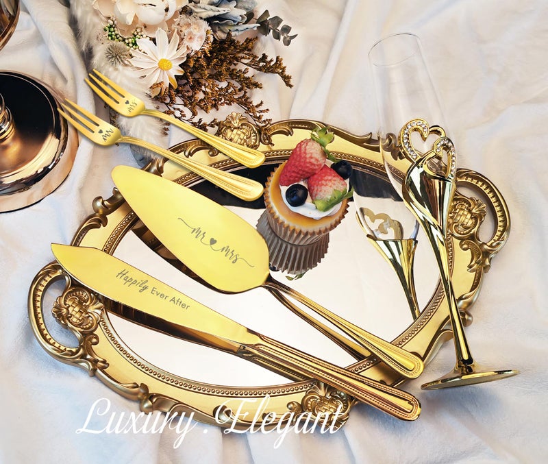 Parihy Wedding cake cutting set, Gold Wedding Champagne Fluteswith Twin Heart Base and Rhinestone Detailing, Toasting Glasses for Couple Bride and Groom, Cake Cutting Set of 6 - Image 2