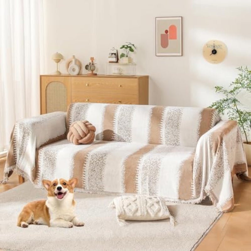 Boho Couch Cover, Soft Sofa Cover Towel, Couch Slipcovers with Tassels Couch, Dogs Pet Furniture Protector Couch Cover Blanket for Living Room Usable in All Seasons Khaki, 180 * 230cm - Image 1
