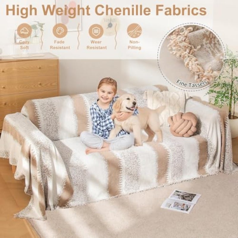 Boho Couch Cover, Soft Sofa Cover Towel, Couch Slipcovers with Tassels Couch, Dogs Pet Furniture Protector Couch Cover Blanket for Living Room Usable in All Seasons Khaki, 180 * 230cm - Image 2