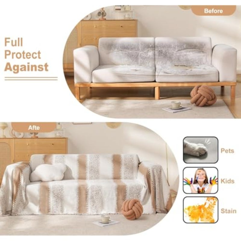 Boho Couch Cover, Soft Sofa Cover Towel, Couch Slipcovers with Tassels Couch, Dogs Pet Furniture Protector Couch Cover Blanket for Living Room Usable in All Seasons Khaki, 180 * 230cm - Image 3