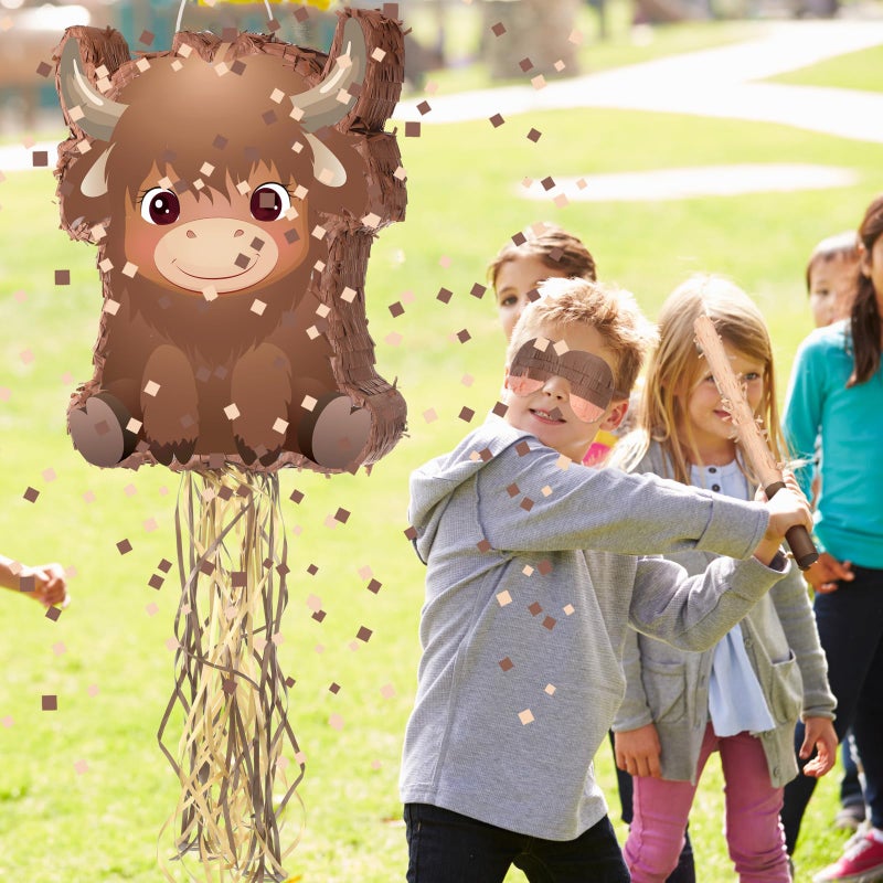 Seematn Highland Cow Pinata Birthday Supplies with Blindfold, Bat and Confetti for Animals Themed Party Decorations Gift, 15.75 x 12.2 x 2.95 Inch - Image 5