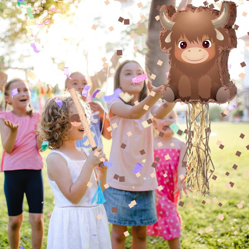 Seematn Highland Cow Pinata Birthday Supplies with Blindfold, Bat and Confetti for Animals Themed Party Decorations Gift, 15.75 x 12.2 x 2.95 Inch - Image 4