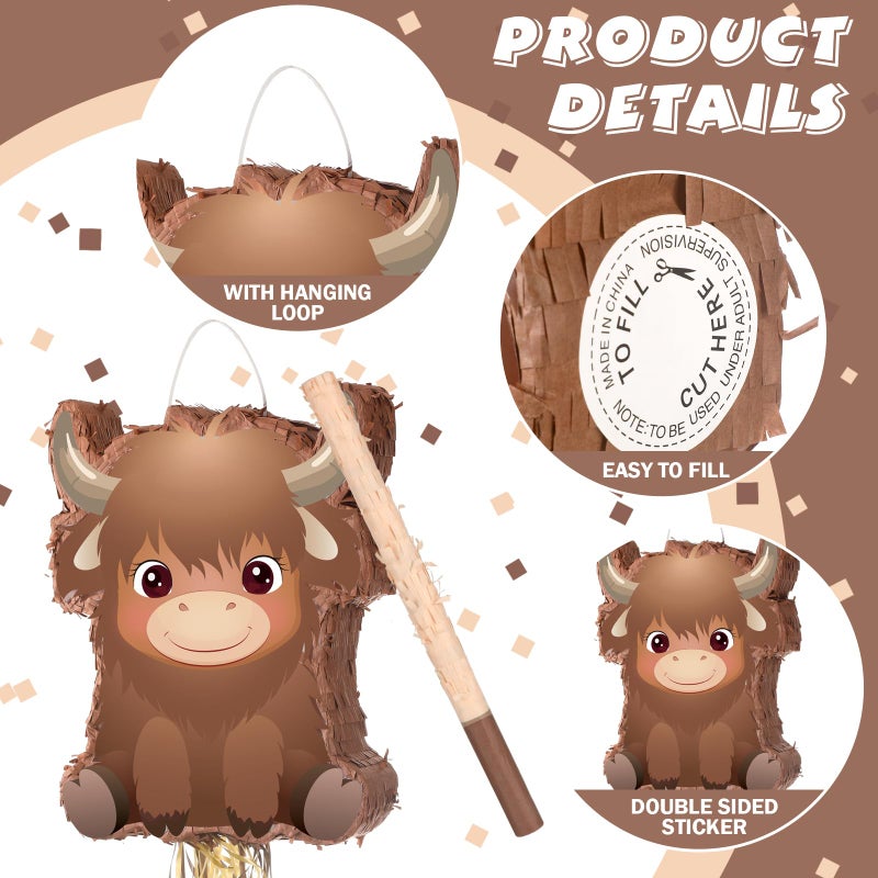 Seematn Highland Cow Pinata Birthday Supplies with Blindfold, Bat and Confetti for Animals Themed Party Decorations Gift, 15.75 x 12.2 x 2.95 Inch - Image 3