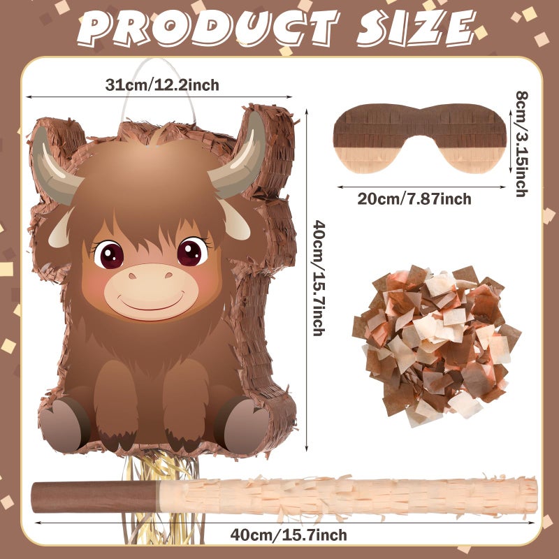 Seematn Highland Cow Pinata Birthday Supplies with Blindfold, Bat and Confetti for Animals Themed Party Decorations Gift, 15.75 x 12.2 x 2.95 Inch - Image 2