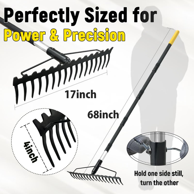 BlumeTrec Bow Rake, 68-Inch Adjustable Handle Garden Rake with 17 Steel Tines, Heavy Duty Dual-Sided Metal Rake Landscape Gardening Tool for Soil Loosening Lawn Yard Leaves Mulch Thatch Removing - Image 2