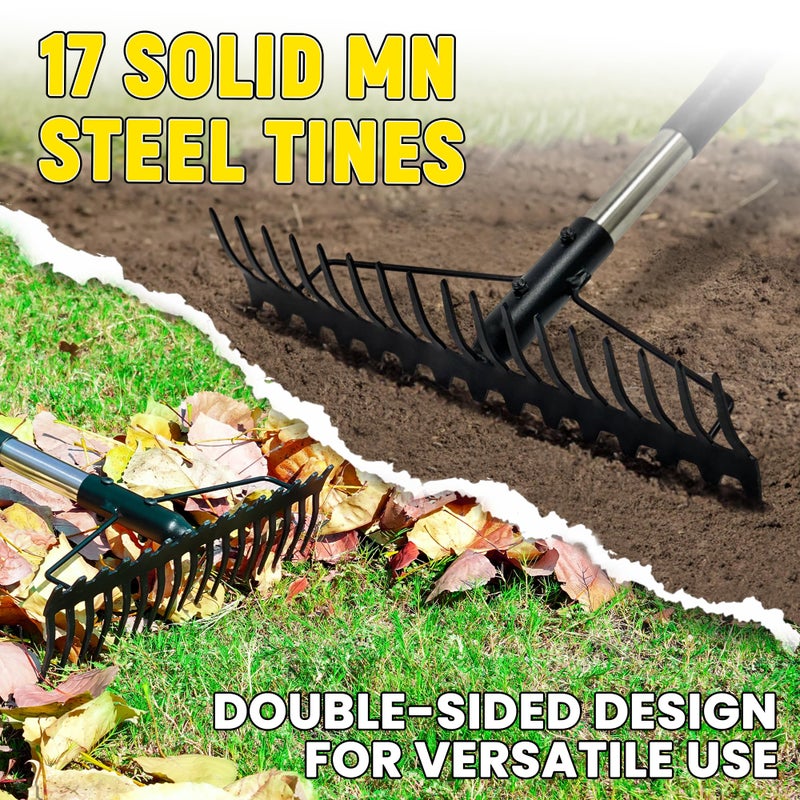BlumeTrec Bow Rake, 68-Inch Adjustable Handle Garden Rake with 17 Steel Tines, Heavy Duty Dual-Sided Metal Rake Landscape Gardening Tool for Soil Loosening Lawn Yard Leaves Mulch Thatch Removing - Image 3