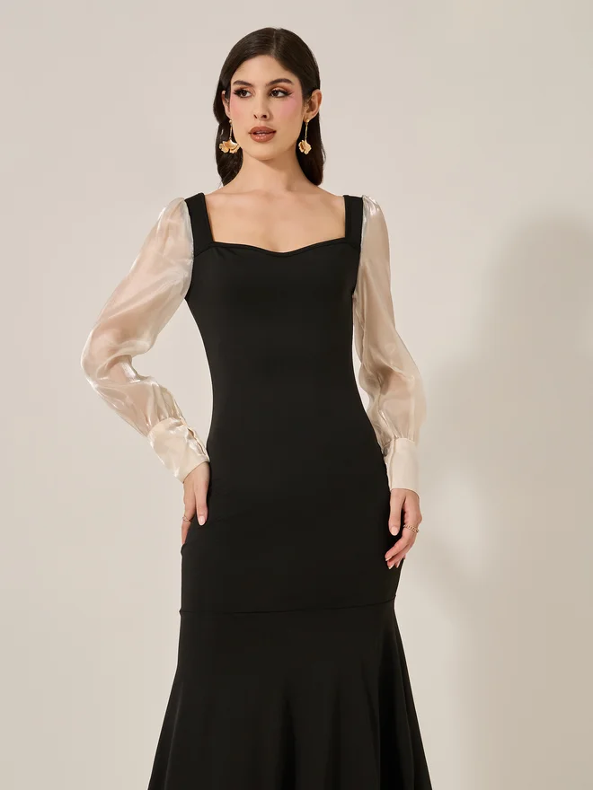 تايك تو Take Two Black Color Block Long Sleeve Layered Maxi Dress