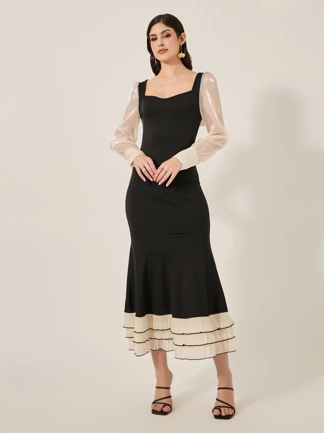 تايك تو Take Two Black Color Block Long Sleeve Layered Maxi Dress
