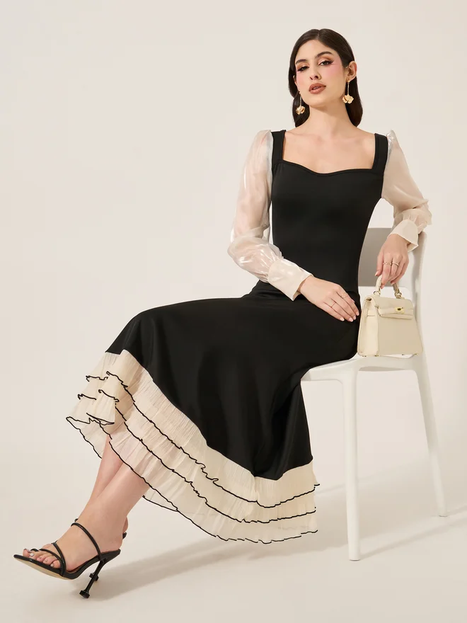 تايك تو Take Two Black Color Block Long Sleeve Layered Maxi Dress