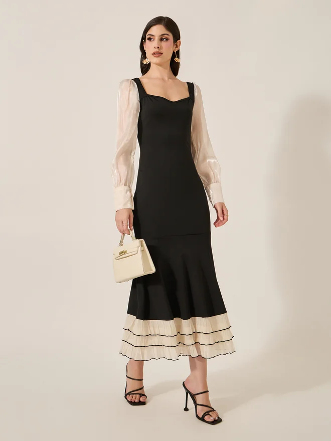 تايك تو Take Two Black Color Block Long Sleeve Layered Maxi Dress