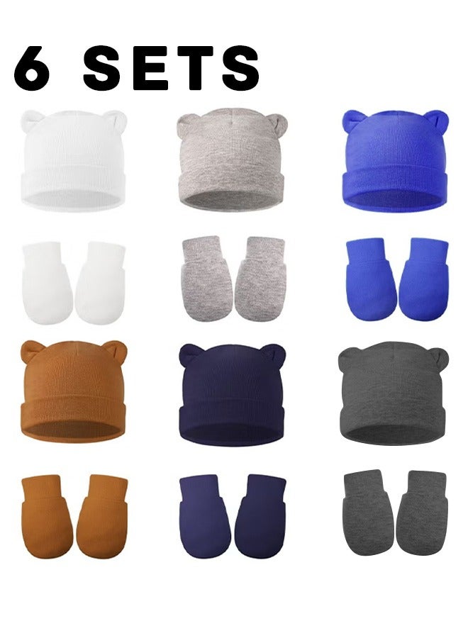Baby Fetal Cap Gloves Set 6 Sets Newborn Cute Cotton Hospital Hat Mittens Baby Beanie Maternity Birth Accessories (White+Grey+Blue+ Black+Dark Blue+Brown)  - Image 1