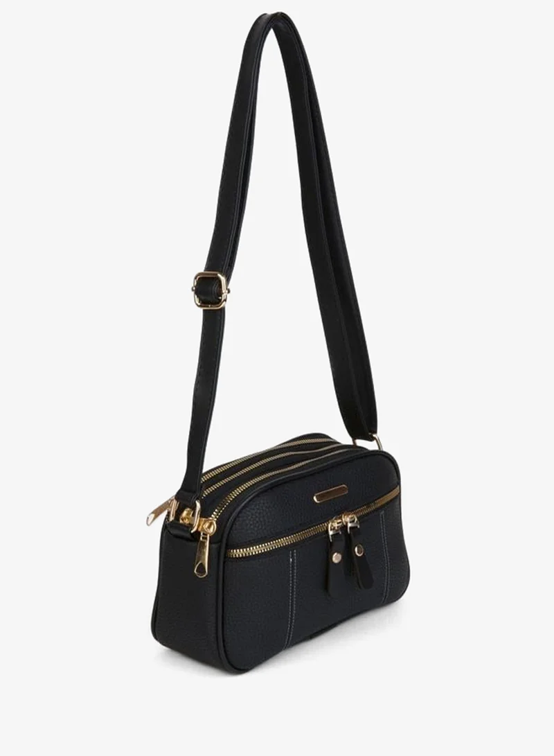 Women's Sincap Black 4-Compartment Faux Leather Medium Size Zipper Closure Hand, Arm and Shoulder Bag.