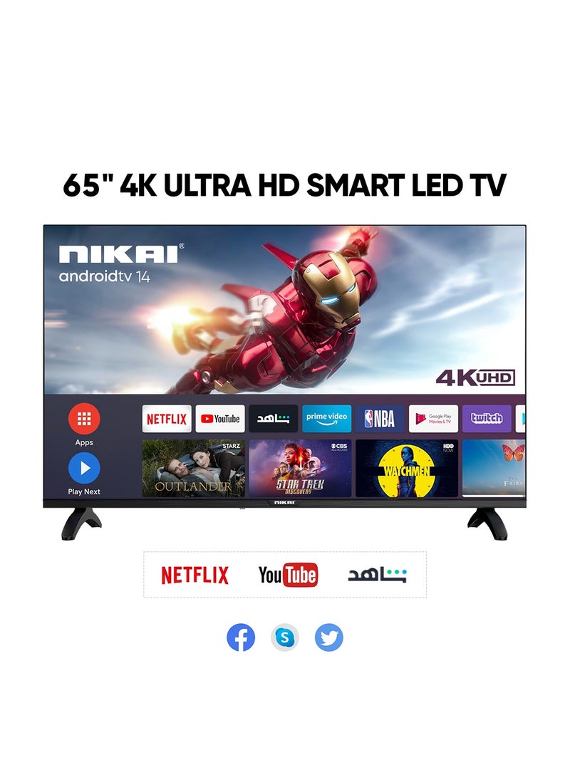 NIKAI 65-Inch 4K UHD Android Smart LED TV | Ultra HD Resolution, Built-In Apps (Netflix, YouTube, Facebook, Twitter, Skype) | 60Hz Refresh Rate, USB & HDMI Connectivity, DLNA Support UHD65SLED Black - Image 1