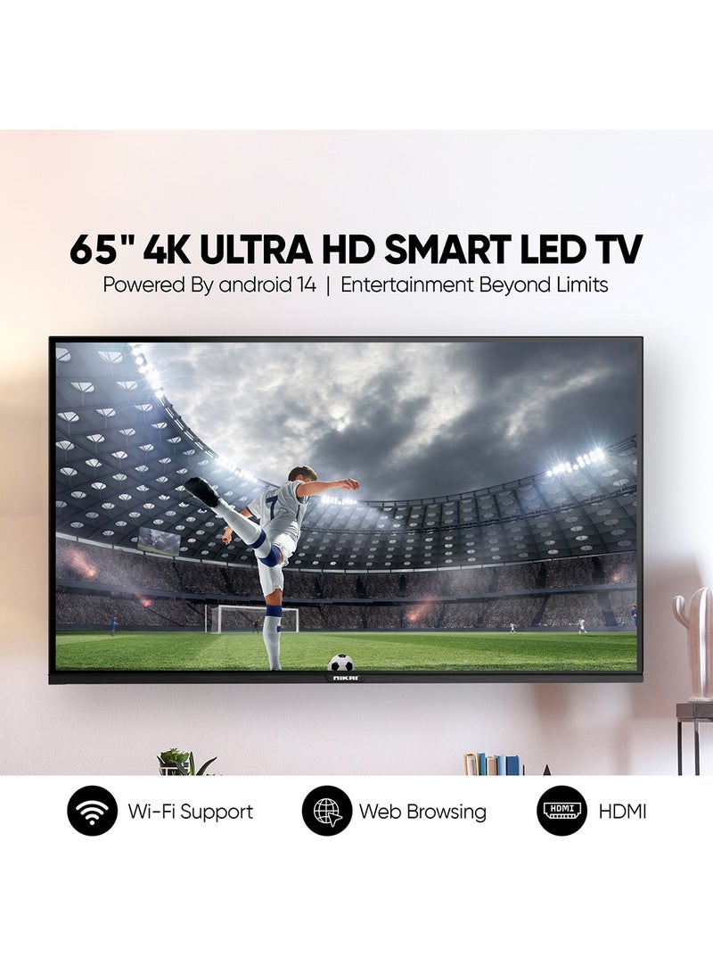NIKAI 65-Inch 4K UHD Android Smart LED TV | Ultra HD Resolution, Built-In Apps (Netflix, YouTube, Facebook, Twitter, Skype) | 60Hz Refresh Rate, USB & HDMI Connectivity, DLNA Support UHD65SLED Black - Image 2