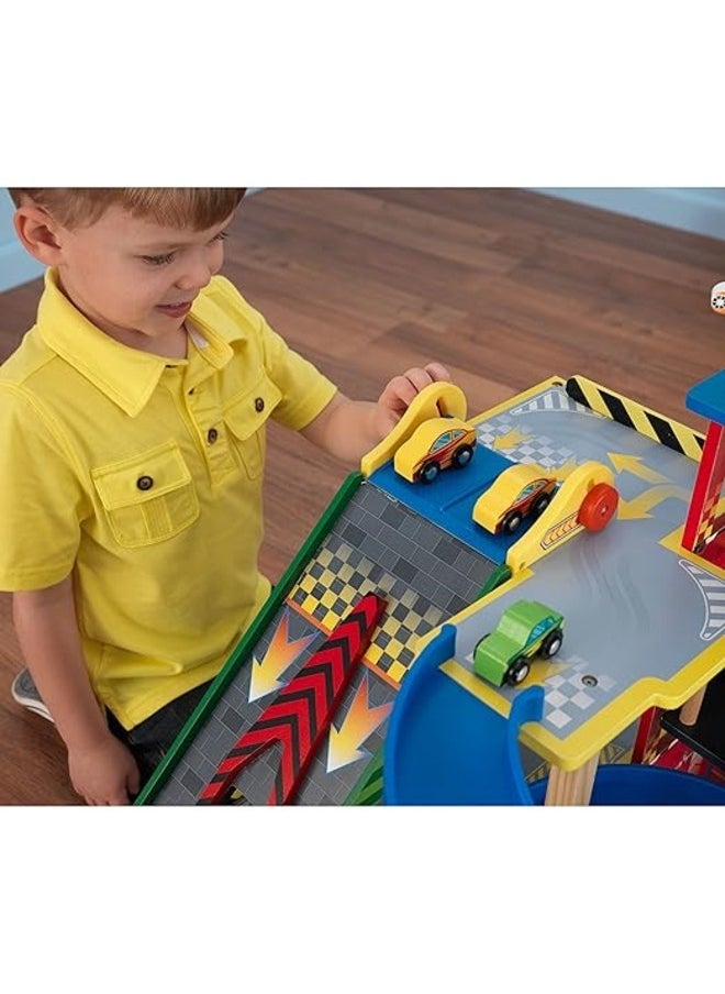 Mega Ramp Racing Set with 5 Vehicles and Moving Elevator, Gift for Ages 3+