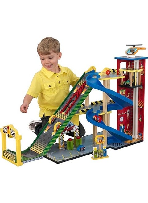 Mega Ramp Racing Set with 5 Vehicles and Moving Elevator, Gift for Ages 3+