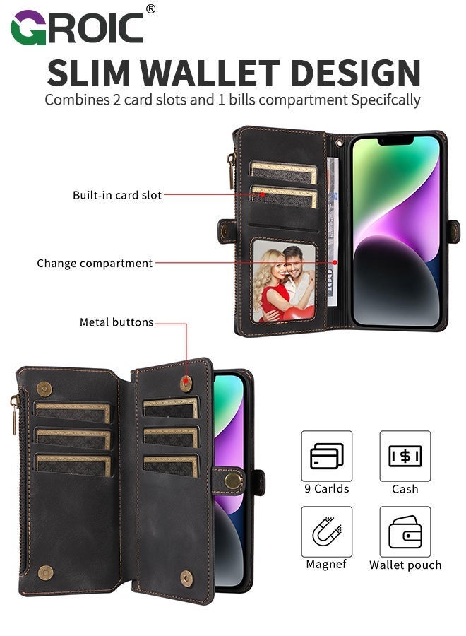 GROIC Black Wallet Case Compatible for iPhone 15, Flip Leather with Removable Wristlet Strap and 9 Card Holder, RFID Blocking Magnetic Closure Zipper - Image 5