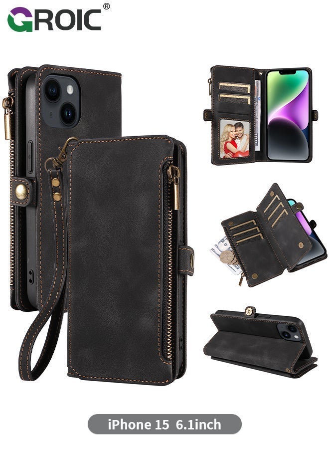 GROIC Black Wallet Case Compatible for iPhone 15, Flip Leather with Removable Wristlet Strap and 9 Card Holder, RFID Blocking Magnetic Closure Zipper - Image 1
