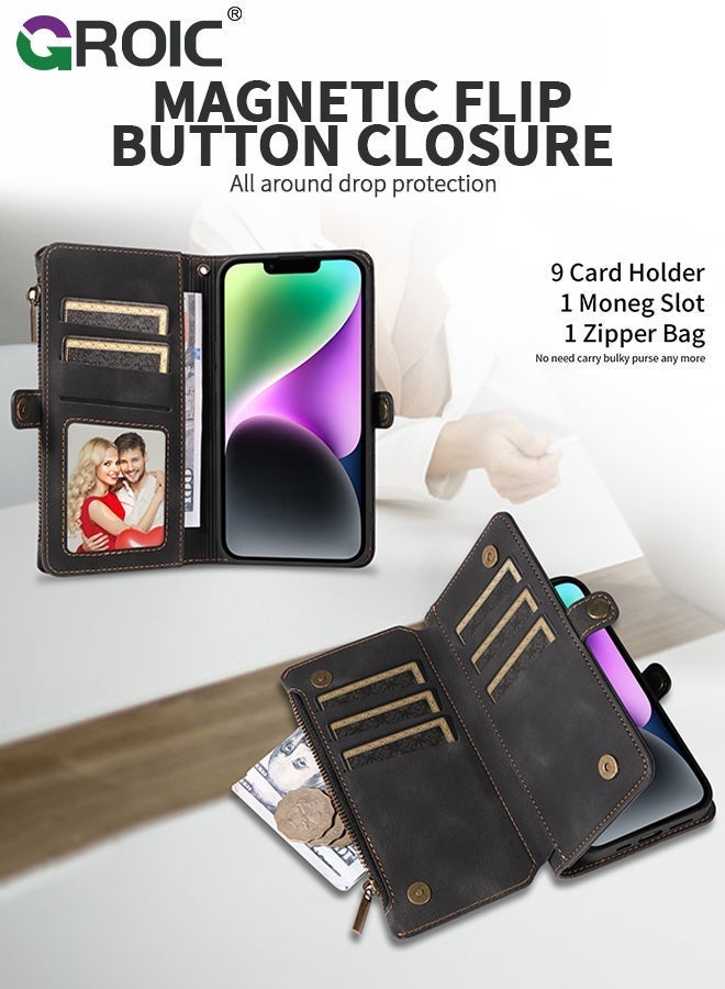 GROIC Black Wallet Case Compatible for iPhone 15, Flip Leather with Removable Wristlet Strap and 9 Card Holder, RFID Blocking Magnetic Closure Zipper - Image 3