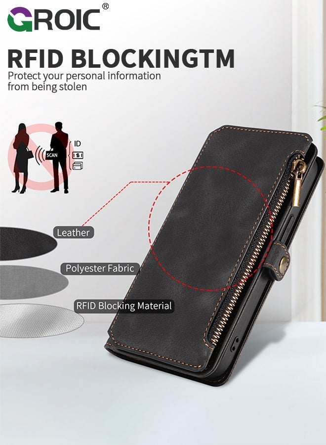 GROIC Black Wallet Case Compatible for iPhone 15, Flip Leather with Removable Wristlet Strap and 9 Card Holder, RFID Blocking Magnetic Closure Zipper - Image 2
