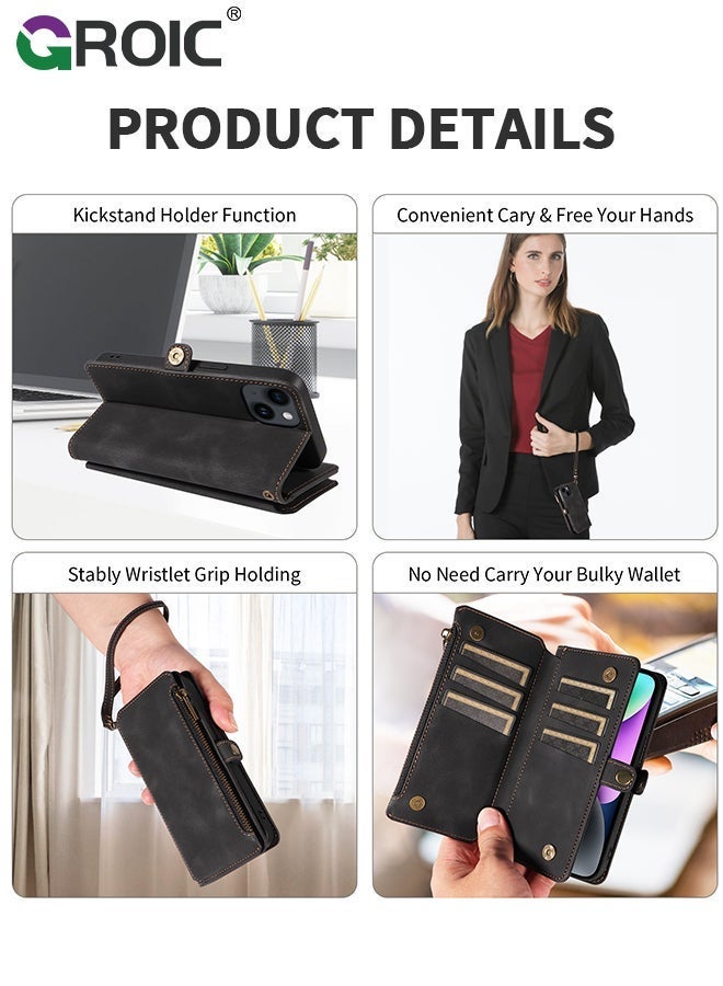 GROIC Black Wallet Case Compatible for iPhone 15, Flip Leather with Removable Wristlet Strap and 9 Card Holder, RFID Blocking Magnetic Closure Zipper - Image 4
