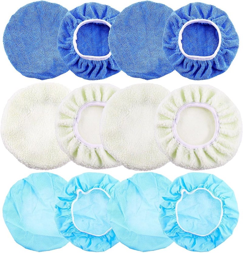 Mardatt 12Pcs 5 to 6 Inch Car Polisher Pad Bonnet Set, Microfiber, Non Woven and Woolen Car Buffer Bonnet Polishing Bonnet Pads Orbital Buffer Bonnet Buffer Pads for Orbital Buffer Polisher - Image 1