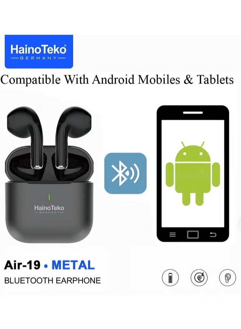 Haino Teko Air-19 Metal True Wireless Bluetooth Earphones with High-Quality Sound, HD Clear Microphone, Touch Controls, Compatible with Android Mobiles & Tablets – Black - Image 4