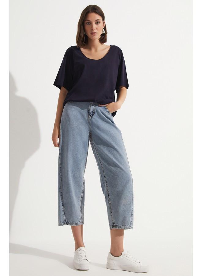 جون تيشيرت قطن % بياقة على شكل حرف  فضفاض بلون كحلي - Image 1