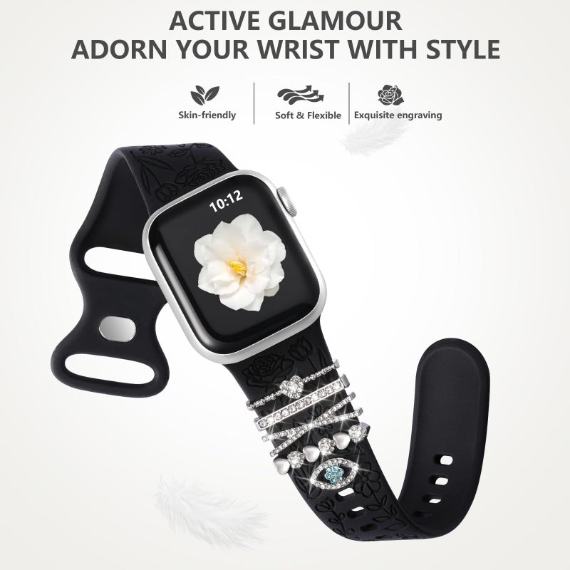 DaQin Flower Engraved Band Compatible with Apple Watch Bands 44mm 42mm 45mm 46mm for Women, Soft Silicone Strap With Decorative for Apple Watch Charms for iWatch Series 11 10 9 8 7 6 5 4 3 2 1 SE - Image 5