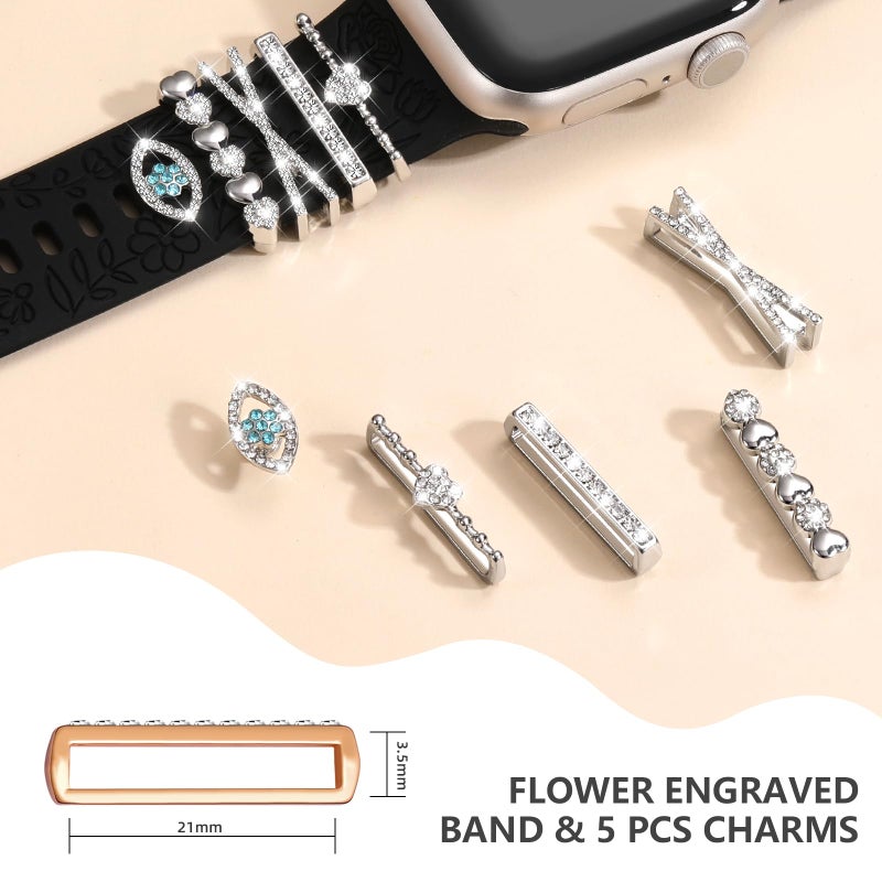 DaQin Flower Engraved Band Compatible with Apple Watch Bands 44mm 42mm 45mm 46mm for Women, Soft Silicone Strap With Decorative for Apple Watch Charms for iWatch Series 11 10 9 8 7 6 5 4 3 2 1 SE - Image 4
