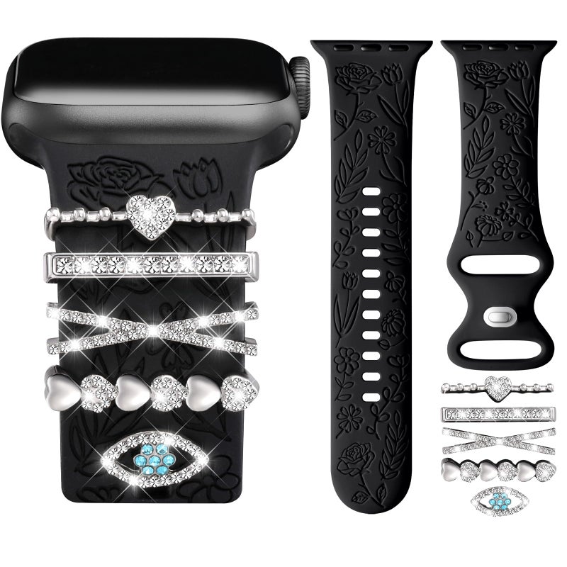 DaQin Flower Engraved Band Compatible with Apple Watch Bands 44mm 42mm 45mm 46mm for Women, Soft Silicone Strap With Decorative for Apple Watch Charms for iWatch Series 11 10 9 8 7 6 5 4 3 2 1 SE - Image 1