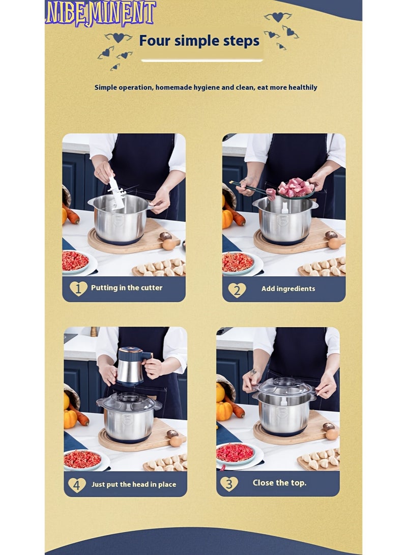 NIBEMINENT خلاط كهربائي متعدد الوظائف سعة 5 لتر مع عجانة/خافق بيض من الفولاذ المقاوم للصدأ، بخمسة سرعات، وستة شفرات فولاذية نقية، مطحنة لحم سريعة، مفرمة لحم للاستخدام المنزلي، تقطيع وسحق، مناسبة للمطبخ، الخضروات، البصل، الثوم، السلطة، طعام الأطفال - Image 3