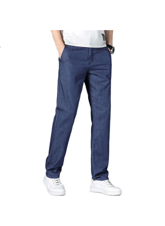 Playboy Ice Silk Thin Jeans For Men, Spring And Summer Pants, Men'S Tencel Loose Straight-Leg Business Casual Trousers, Dark Blue, Size 34 - Image 1