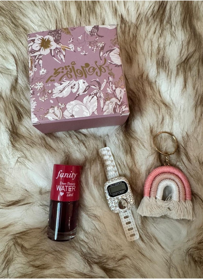 Brides - Eid distribution box consisting of 8 boxes containing - a studded Istighfar ring + a lip balm + a cloth bow medallion - Image 1