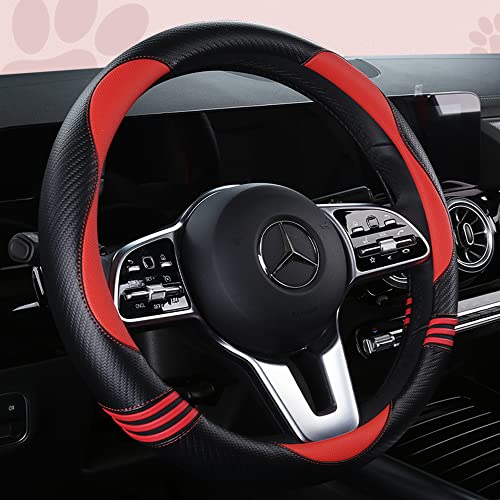 HighnessHwoo Car Steering Wheel Covers for Women Padded Carbon Fiber PU Leather Cute Auto Interior Accessories for Vehicle, Sedan, Universal, Anti Slip, Red, Standard Size 14.5-15"(37-38cm) - Image 2