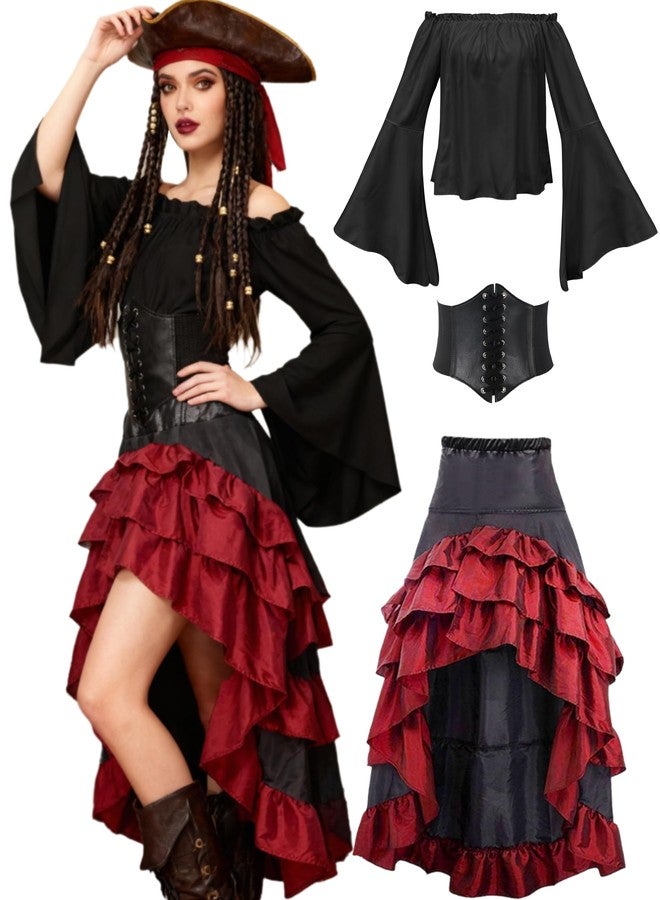 Verceco Pirate Costume Women with Renaissance Pirate Shirt Skirt Corset Waist Belt (Black+Red, M) - Image 1
