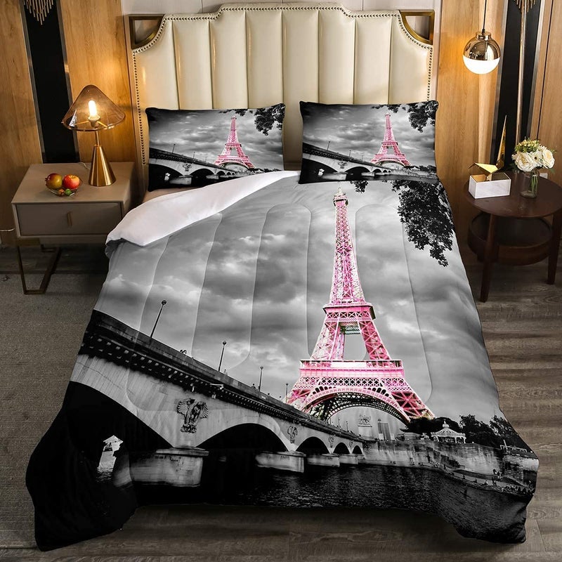 kxry Paris Comforter Set Queen Size Pink Eiffel Tower Seine Bedding French Style Paris Cityscape Quilt for Girls Women 1 Comforter + 2 Pillow Cases - Image 1