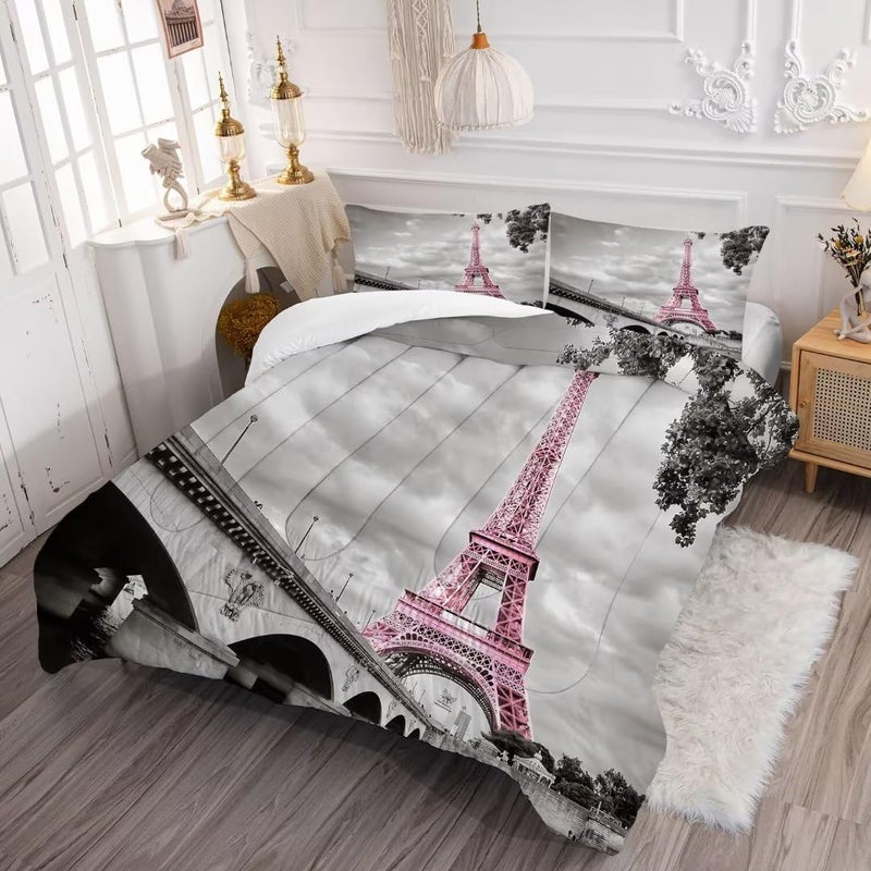 kxry Paris Comforter Set Queen Size Pink Eiffel Tower Seine Bedding French Style Paris Cityscape Quilt for Girls Women 1 Comforter + 2 Pillow Cases - Image 3