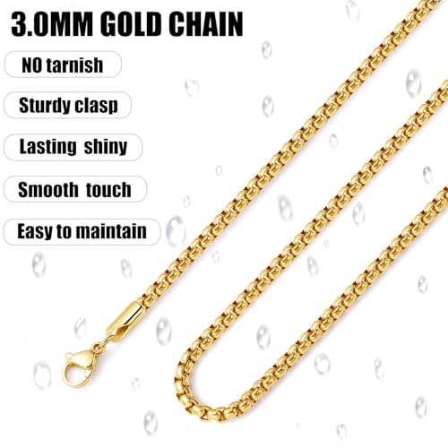 Fiusem 14K Gold Plated Chain for Men, 3mm 14K Gold Plated Stainless Steel Necklace for Men and Women, Box Chain 26 Inches - Image 5