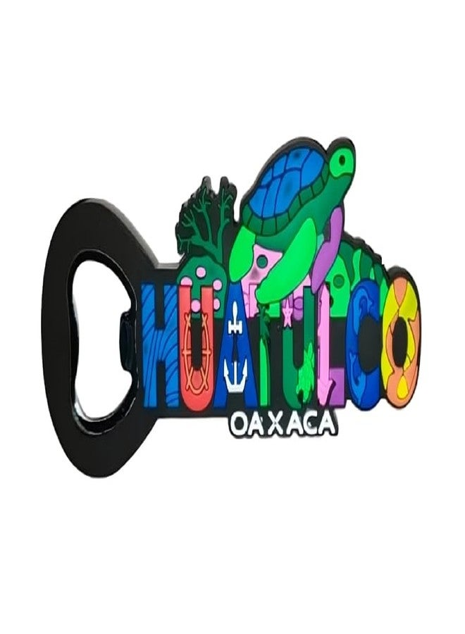 ONE POINT COLLECTIONS Huatulco Oaxaca Souvenir Bottle Opener – Vibrant 3D Resin Design with Sea Turtle & Marine Life, Heavy-Duty Metal Cap Remover, Perfect for Collectors & Travel Enthusiasts