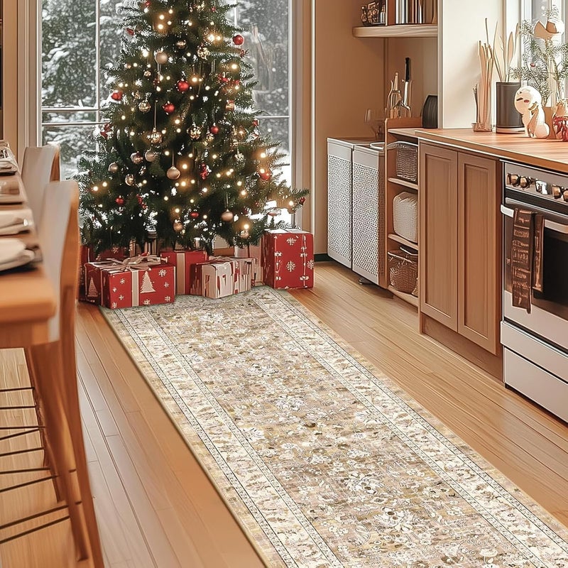 Supreouts سجادة ممر قابلة للغسل، سجادة ممر عتيقة مع ظهر مانع للانزلاق، سجادة أرضية للمدخل وغرفة المعيشة والمطبخ على الطراز الريفي، سجادة مقاومة للبقع (بيج/بني، 60 × 180 سم) - Image 4