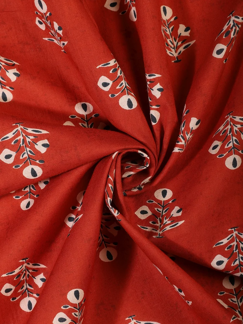 AKS Terracotta Red Floral Buta Block Print Fabric