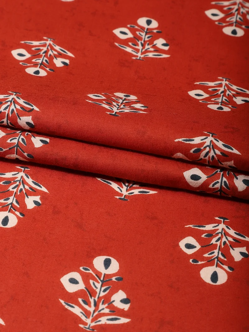AKS Terracotta Red Floral Buta Block Print Fabric